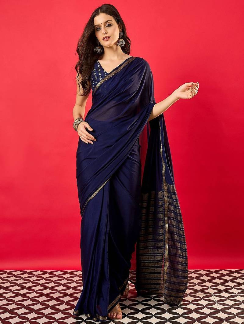 Navy blue zari silk blend banarasi saree