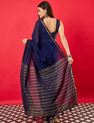 Navy blue zari silk blend banarasi saree 2