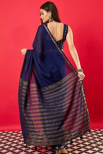 Navy blue zari silk blend banarasi saree