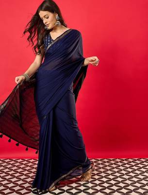 Navy blue zari silk blend banarasi saree 3