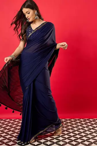 Navy blue zari silk blend banarasi saree