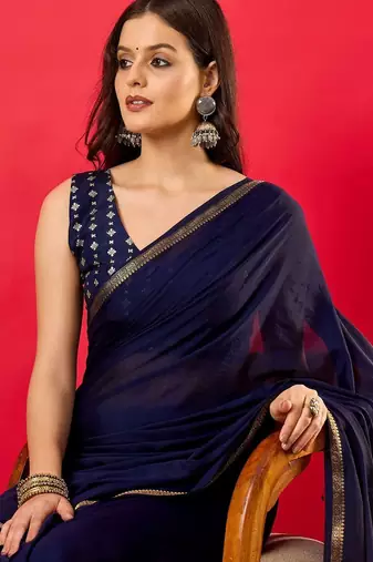 Navy blue zari silk blend banarasi saree