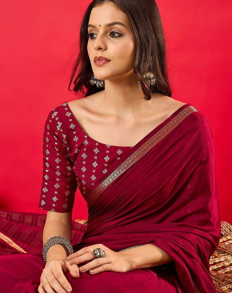 Burgundy woven design zari banarasi saree