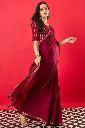Burgundy woven design zari banarasi saree