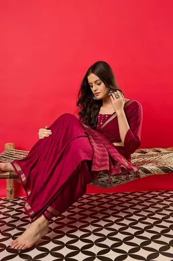 Burgundy woven design zari banarasi saree
