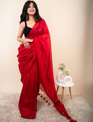 Red embellished beads and stones khadi saree 1
