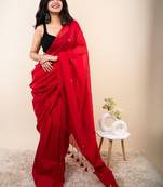 Red embellished beads and stones khadi saree