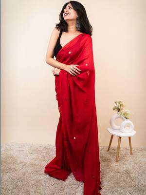 Red embellished beads and stones khadi saree 2