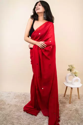 Red embellished beads and stones khadi saree