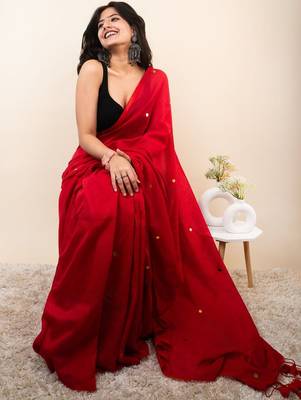 Red embellished beads and stones khadi saree 3