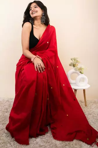 Red embellished beads and stones khadi saree