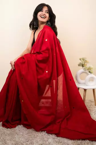 Red embellished beads and stones khadi saree