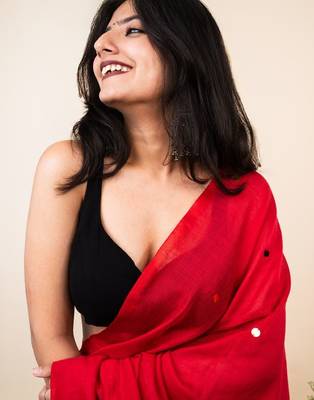 Red embellished beads and stones khadi saree 5