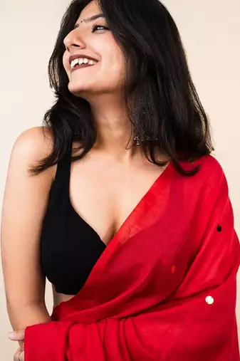 Red embellished beads and stones khadi saree