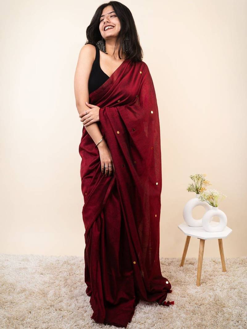 Maroon embellished sequinned khadi saree