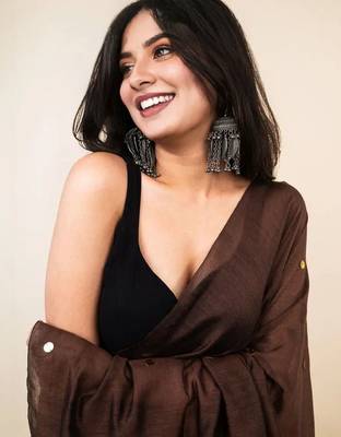 Brown sequinned khadi saree 1