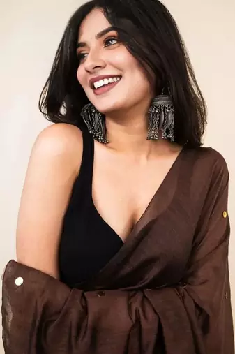Brown sequinned khadi saree