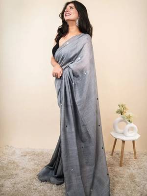 Grey embellished mirror work khadi saree 2