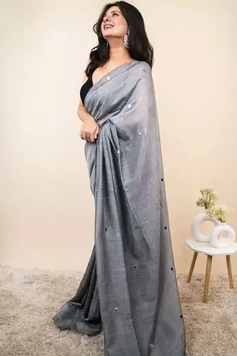 Grey embellished mirror work khadi saree