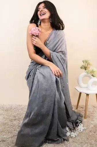 Grey embellished mirror work khadi saree