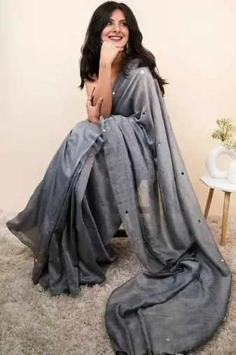 Grey embellished mirror work khadi saree