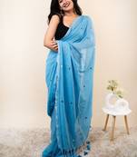 Turquoise embellished sequinned khadi saree