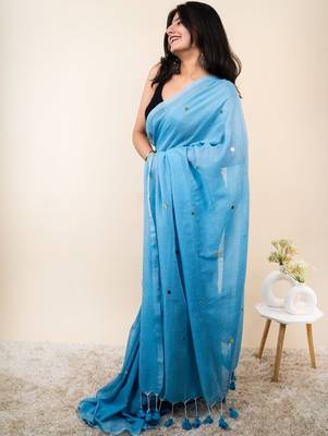 Turquoise embellished sequinned khadi saree 2