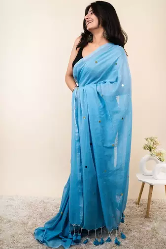 Turquoise embellished sequinned khadi saree