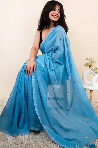 Turquoise embellished sequinned khadi saree