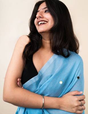 Turquoise embellished sequinned khadi saree 4
