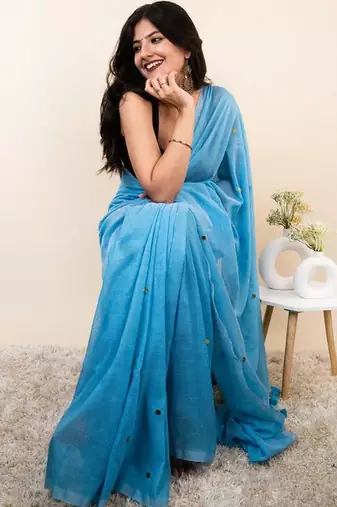 Turquoise embellished sequinned khadi saree