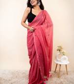 Pink embellished mirror work khadi saree