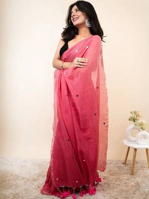 Pink embellished mirror work khadi saree 2