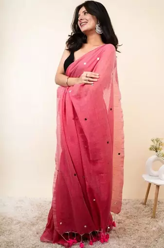 Pink embellished mirror work khadi saree