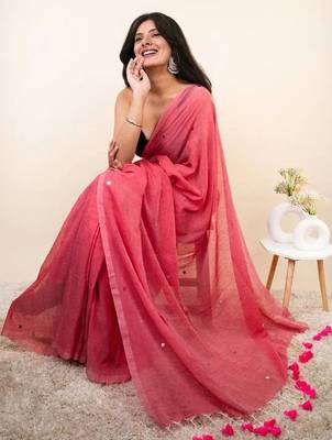 Pink embellished mirror work khadi saree 3