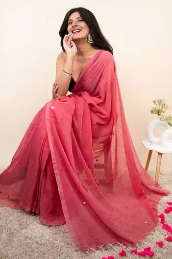 Pink embellished mirror work khadi saree