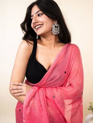 Pink embellished mirror work khadi saree 4