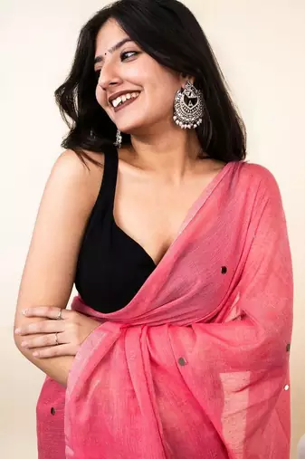 Pink embellished mirror work khadi saree