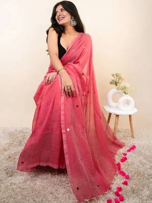 Pink embellished mirror work khadi saree 5