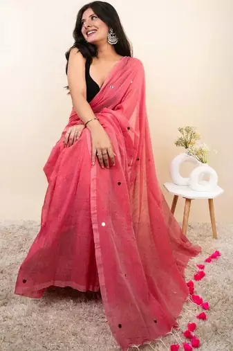 Pink embellished mirror work khadi saree