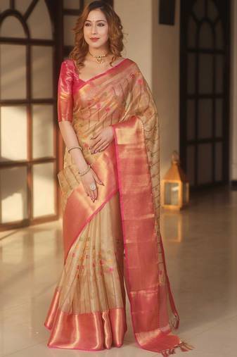 Beige floral embroidered silk blend designer banarasi saree