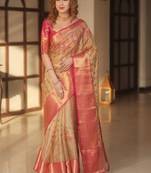 Beige floral embroidered silk blend designer banarasi saree