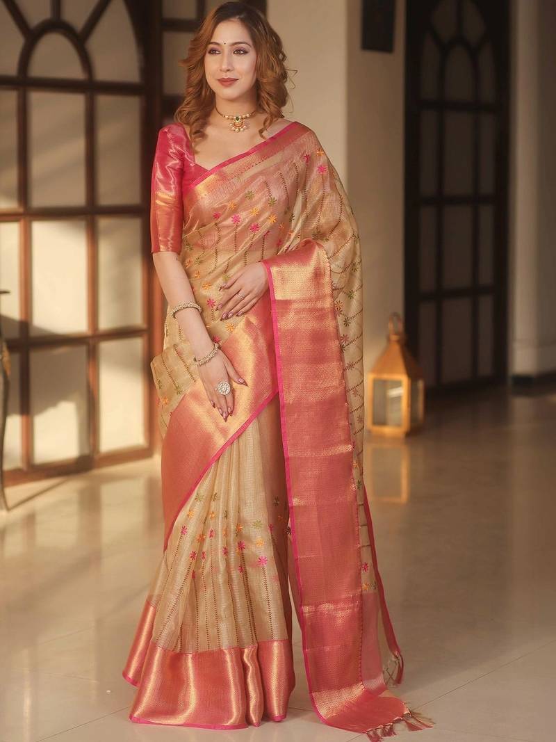 Beige floral embroidered silk blend designer banarasi saree