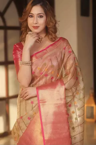 Beige floral embroidered silk blend designer banarasi saree