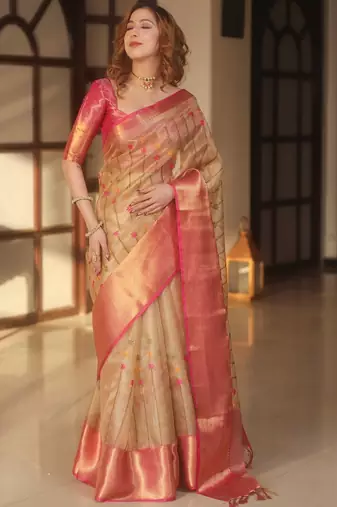 Beige floral embroidered silk blend designer banarasi saree
