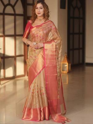 Beige floral embroidered silk blend designer banarasi saree 4