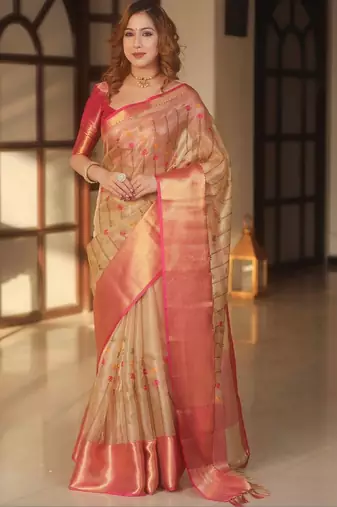 Beige floral embroidered silk blend designer banarasi saree