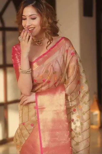 Beige floral embroidered silk blend designer banarasi saree