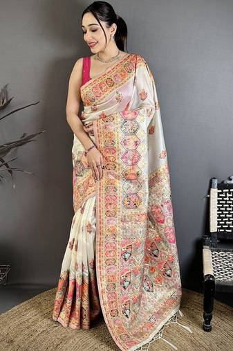 Off white ethnic motifs embroidered silk blend heavy work banarasi saree