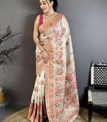 Off white ethnic motifs embroidered silk blend heavy work banarasi saree